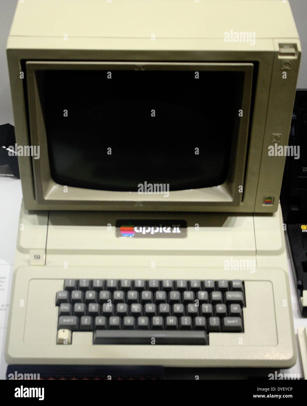 Desktop Computer from 1977. An example of the 1st personal computer with colour graphics: 'The Apple II'. In 1976 Apple released their 1st computer, and this is based on that design. It established the desktop computer market. Stock Photo