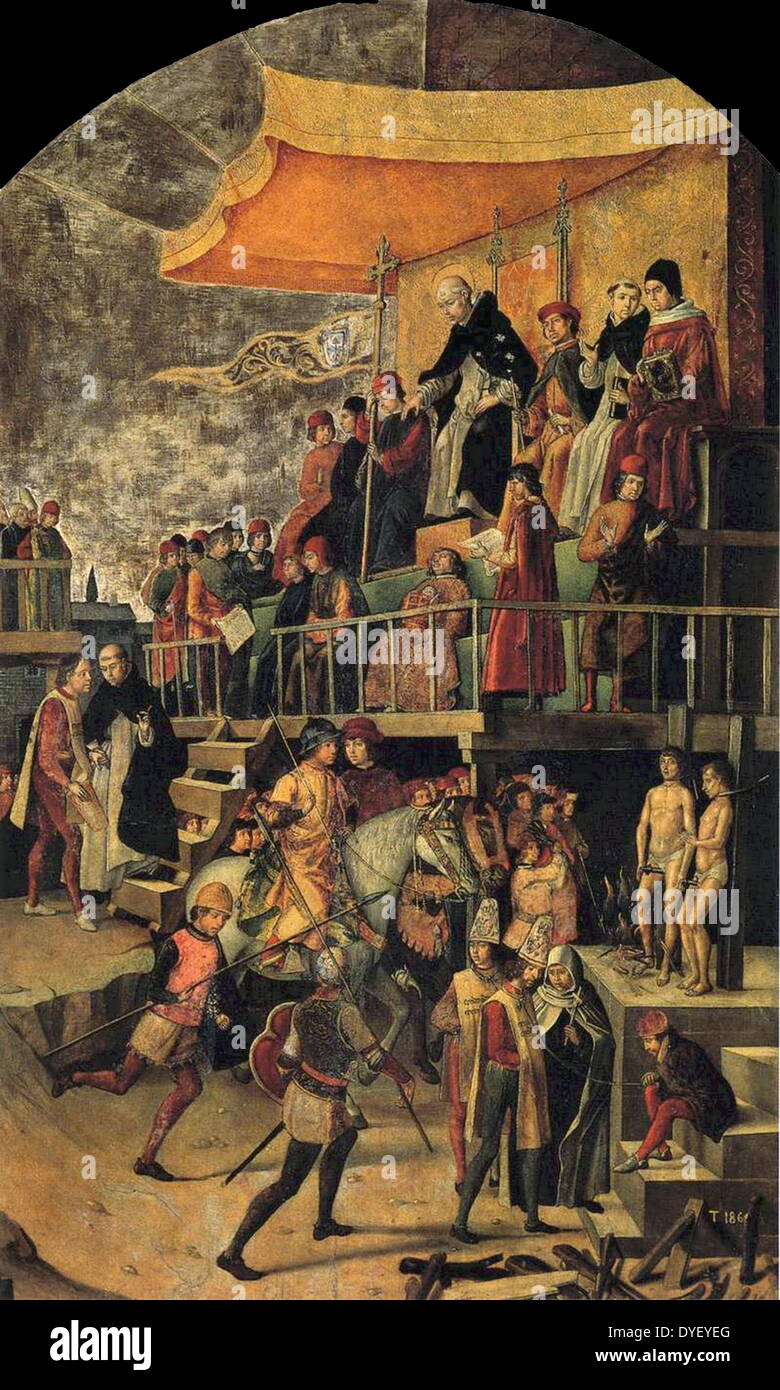 Painting depicting 'Auto-da-fé' during the Spanish Inquisition. An auto-da-fé was the ritual of public penance of condemned heretics and apostates that took place when the Spanish Inquisition or the Portuguese Inquisition had decided their punishment. Stock Photo