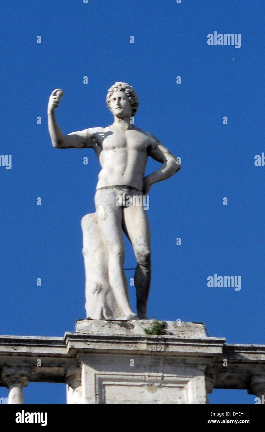 Sculptural detail from the entrance/courtyard to the Capitolini museums, in Rome, Italy. The museums themselves are contained within 3 palazzi as per designs by Michelangelo Buonarroti in 1536, they were then built over a 400 year period. Stock Photo