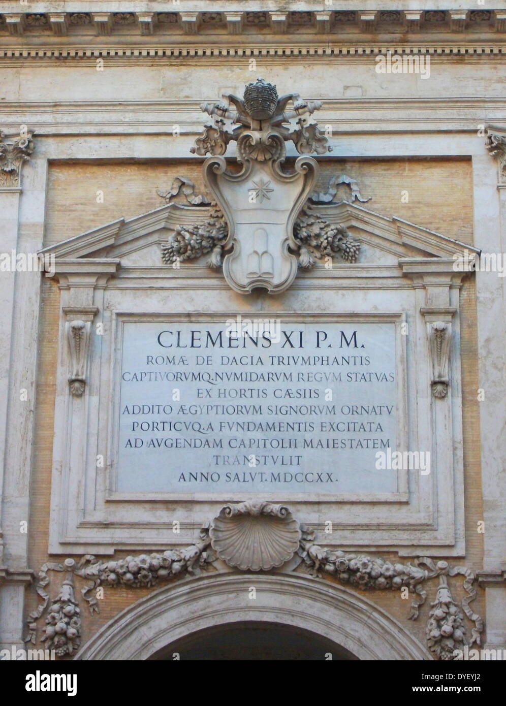 Latin inscription detail from the entrance/courtyard to the Capitolini museums, in Rome, Italy. The museums themselves are contained within 3 palazzi as per designs by Michelangelo Buonarroti in 1536, they were then built over a 400 year period. Stock Photo