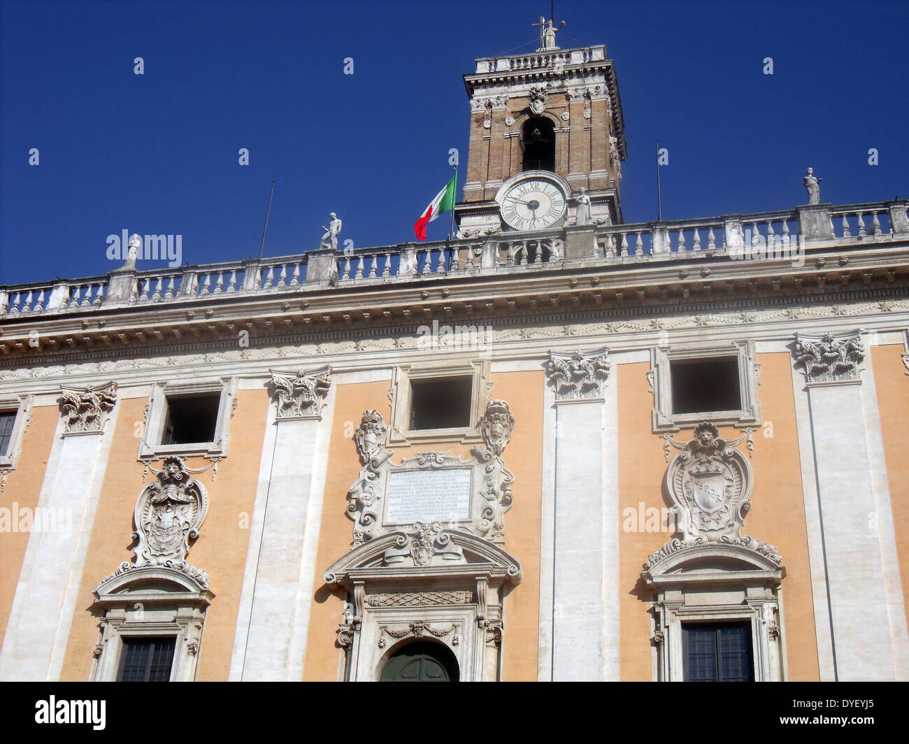 Architectural detail from the entrance/courtyard to the Capitolini museums, in Rome, Italy. The museums themselves are contained within 3 palazzi as per designs by Michelangelo Buonarroti in 1536, they were then built over a 400 year period. Stock Photo