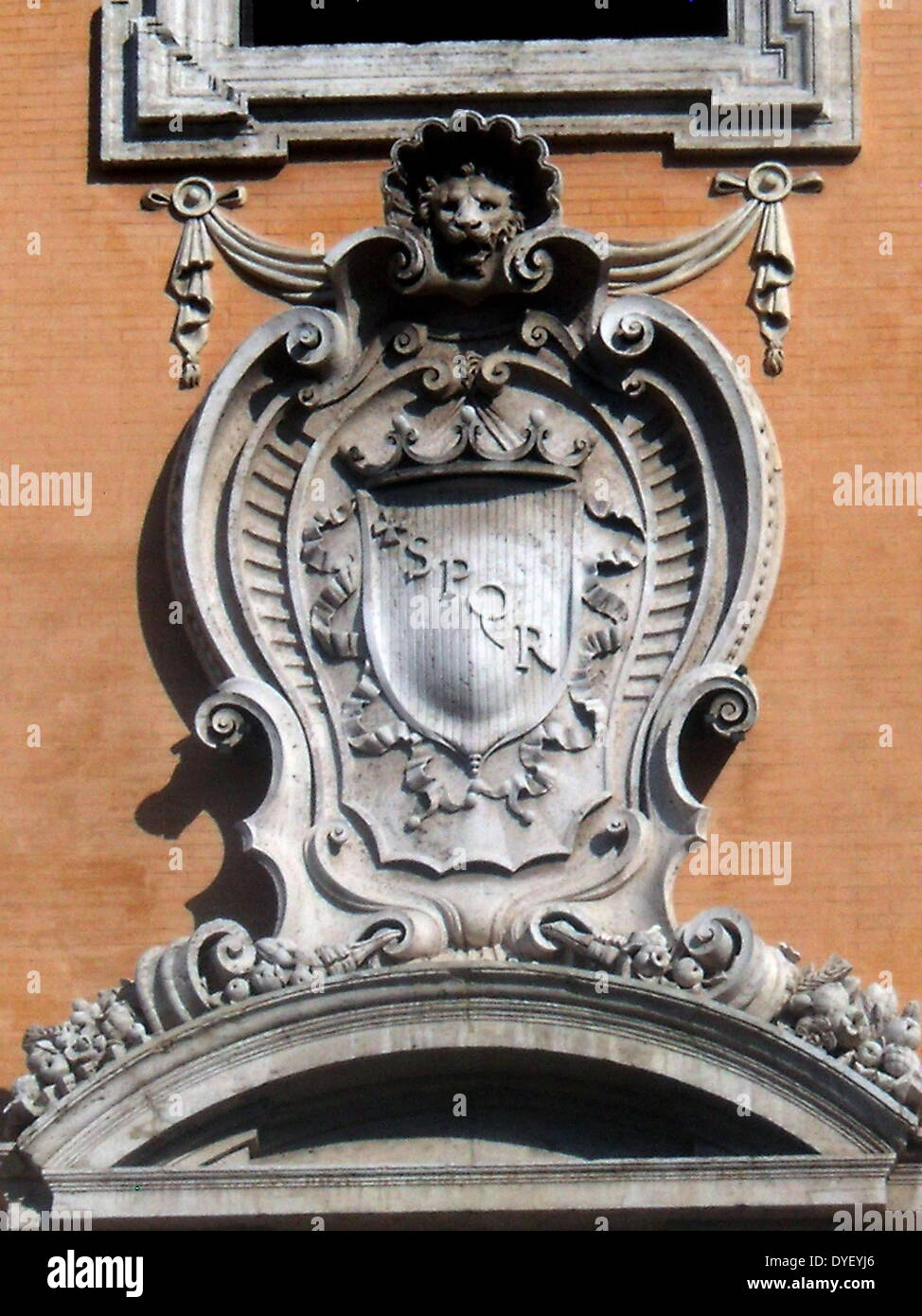 Architectural relief detail from the entrance/courtyard to the Capitolini museums, in Rome, Italy. The museums themselves are contained within 3 palazzi as per designs by Michelangelo Buonarroti in 1536, they were then built over a 400 year period. Stock Photo