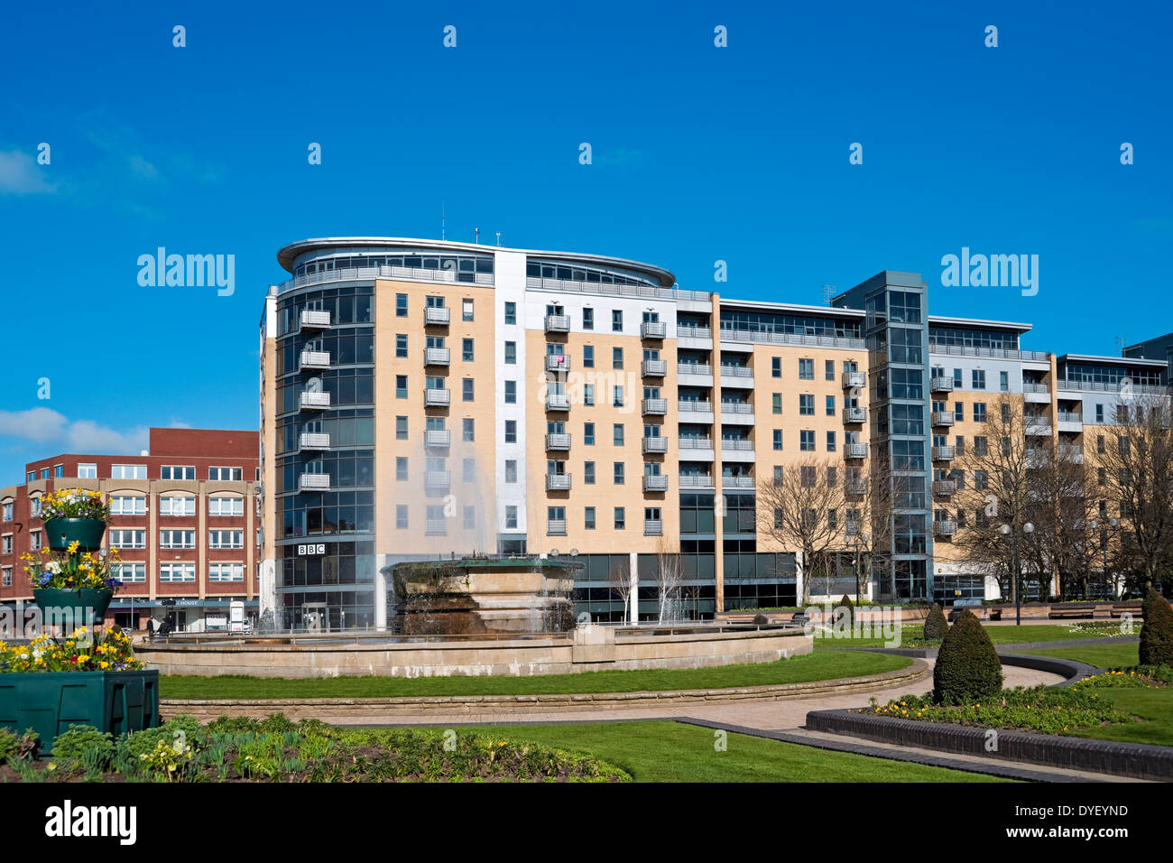 BBC TV broadcasting offices exterior and luxury flats apartments Queens Gardens Hull East Yorkshire England UK United Kingdom GB Great Britain Stock Photo
