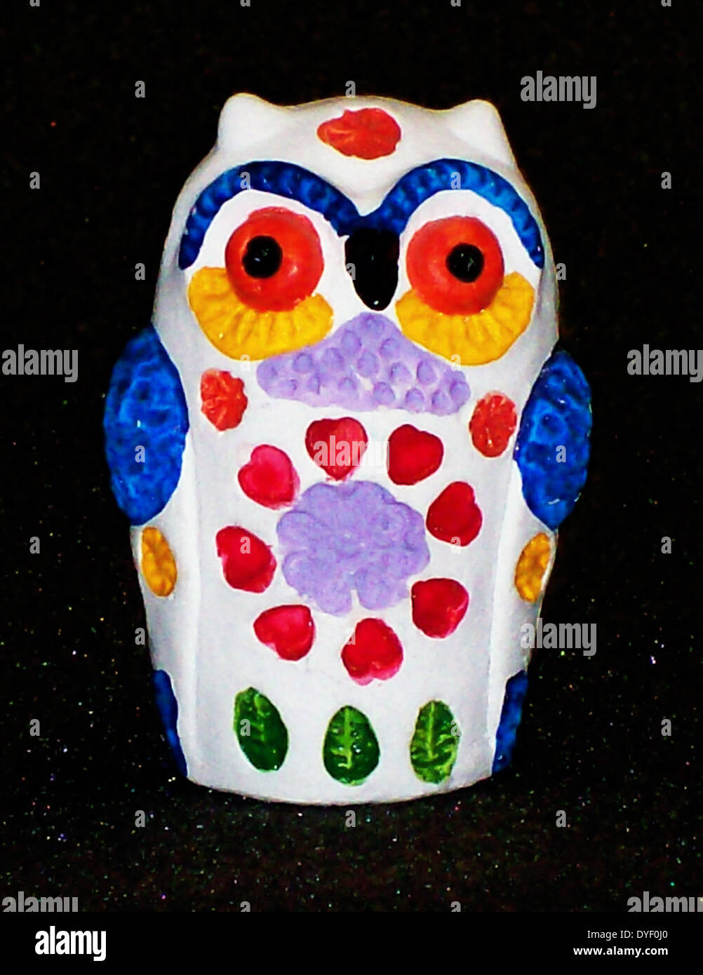 Lucky Charm in the shape of an owl, decorated with hearts and flowers, Minorca, Balearics, Spain, late 20th century. Stock Photo