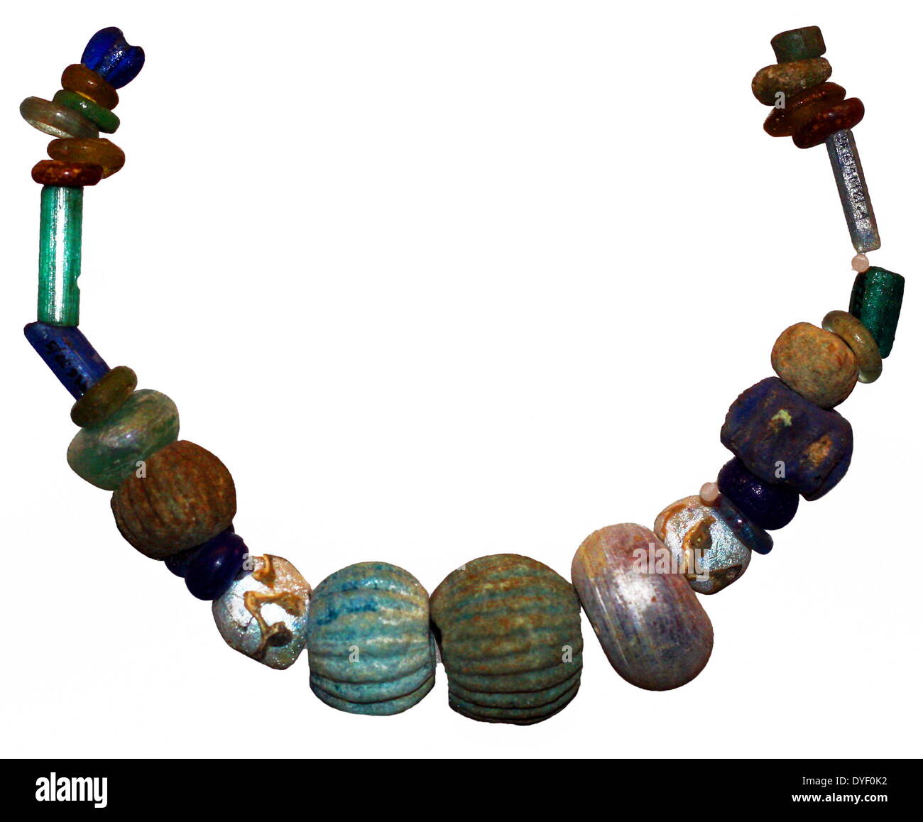 Roman bead necklace. 1st-3rd century AD. Found in the Roman Baths, England. Shows multiple types of decorative handmade beads. Stock Photo