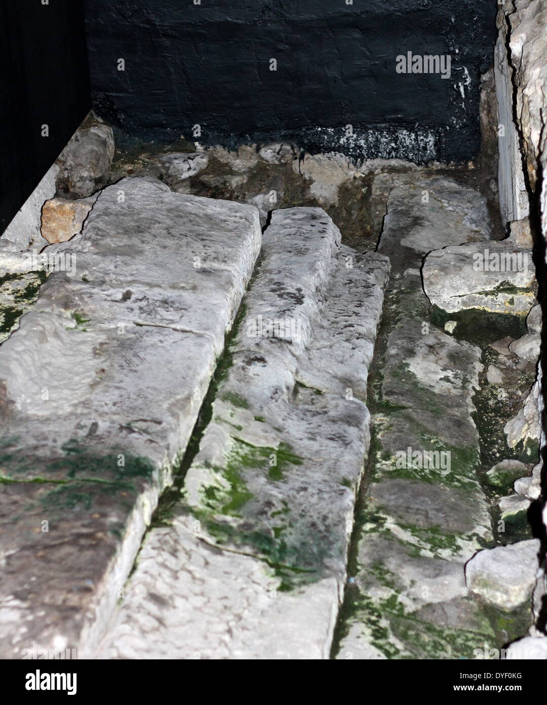 Temple steps at the Roman baths, in Bath, England. Circa 1st-3rd century AD. Excavated in 1981. Stock Photo