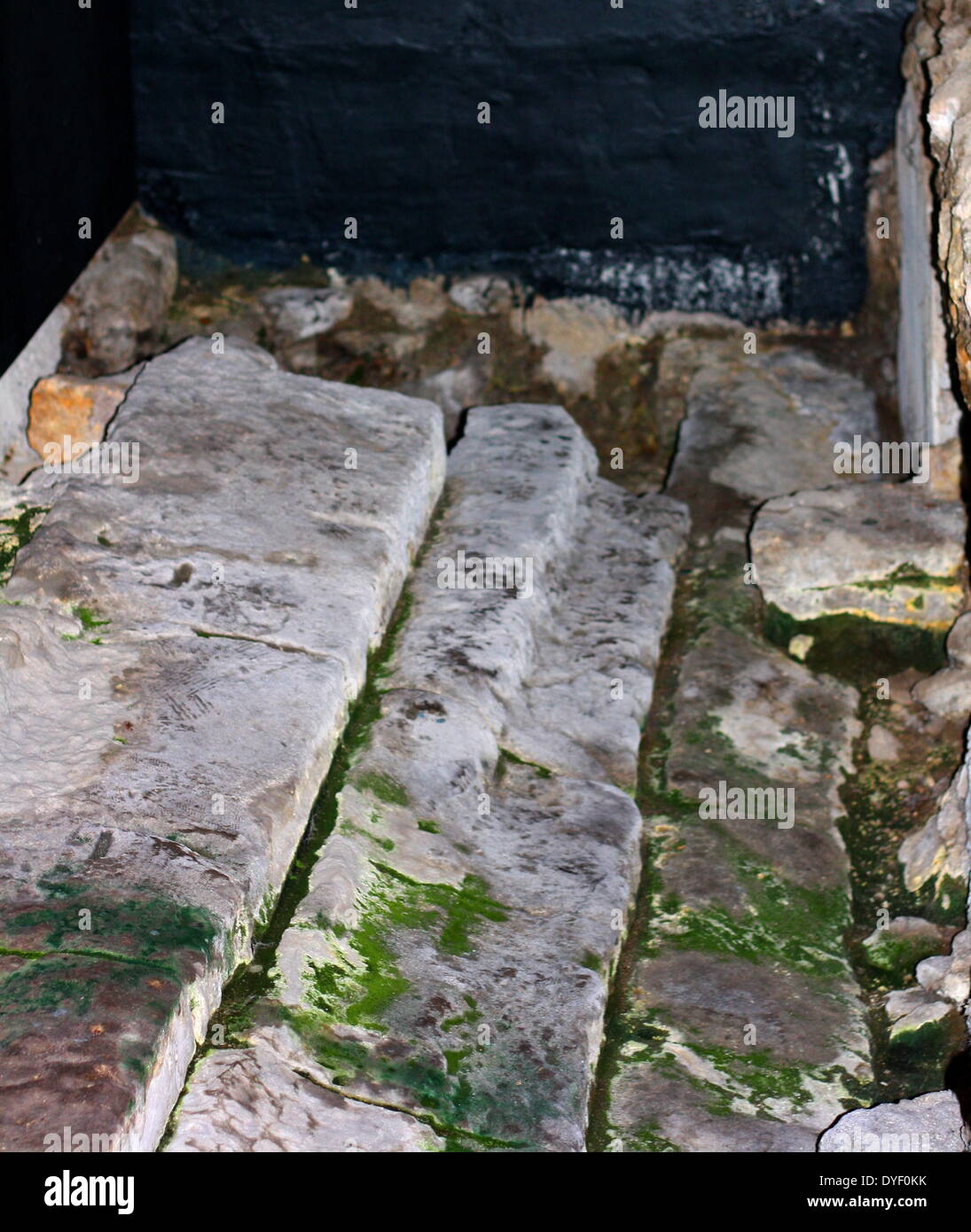 Temple steps at the Roman baths, in Bath, England. Circa 1st-3rd century AD. Excavated in 1981. Stock Photo