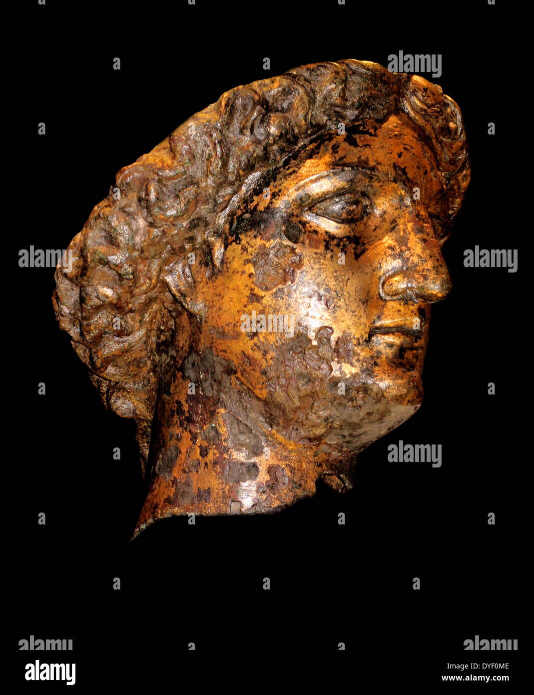 Gilt bronze head of Sulis Minerva from a cult statue in the temple at the Roman baths. Circa 1st-4th century AD. Roman. Found in Somerset, England. Stock Photo