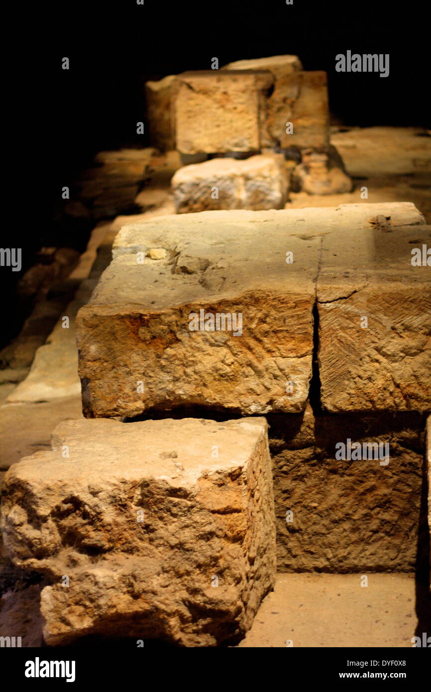 Stonework in and around the Sacred Spring in the Roman Baths in England. Circa 1st century BC-3rd Century AD. Stock Photo