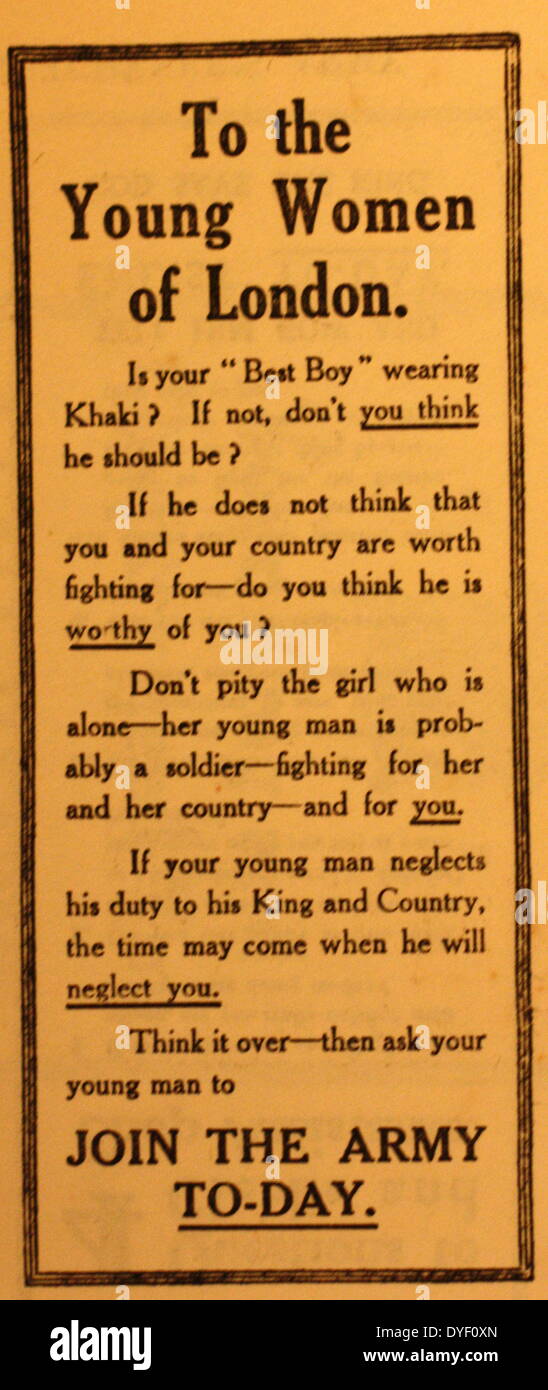 British enlistment propaganda from the First World War. Appealing to specific demographics of people to join the Armed forces. This print appeal sits among many others which spoke directly to Women, Shopkeepers, Irish men, Welsh men etc. Circa early 20th century. Stock Photo