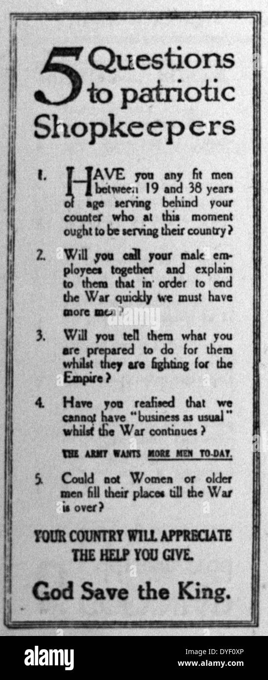 British enlistment propaganda from the First World War. Appealing to specific demographics of people to join the Armed forces. This print appeal sits among many others which spoke directly to Women, Shopkeepers, Irish men, Welsh men etc. Circa early 20th century. Stock Photo