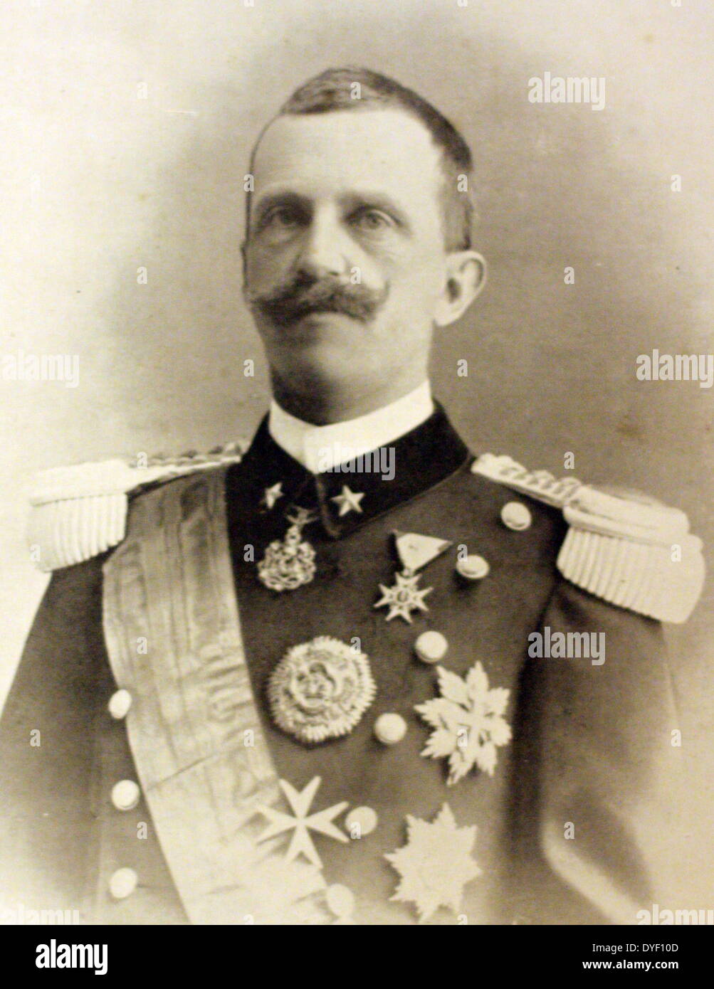 Photograph portrait of Victor Emmanuel III, King of Italy who lived between 1869 – 1947. Was a member of the House of Savoy and he claimed the thrones of Ethiopia and Albania as Emperor and King respectively. During his 46 year reign, his Kingdom was involved in two World Wars and encompassed the rise and fall of Italian Fascism. Victor Emmanuel abdicated his throne in 1946. Stock Photo
