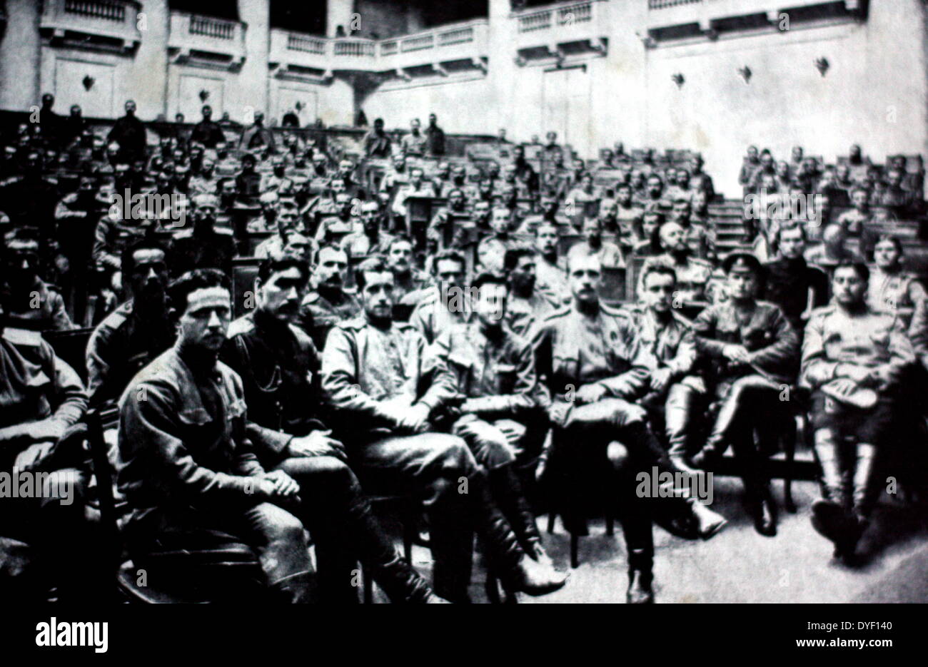 Meeting of the Petrograd Soviet of Soldiers Deputies in the Duma, Russia circa 1917. Formed by the socialists in St. Petersburg following the workers strike in March 1917. The Council formed an uneasy alliance with the, then provisional government. Stock Photo