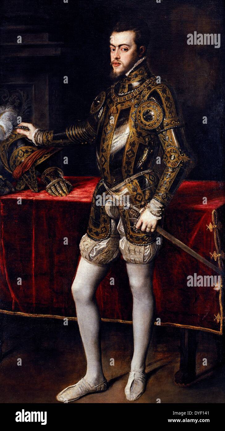Painting of Philip II of Spain (In Spanish: Felipe II) Born 21 May 1527 and died 13 September 1598. King of Spain and Portugal. In Portugal and Aragon he was known as Felipe I. During the course of his marriage to Queen Mary I, he was also King of England and Ireland and pretender to the kingdom of France. Oil on Canvas. Stock Photo