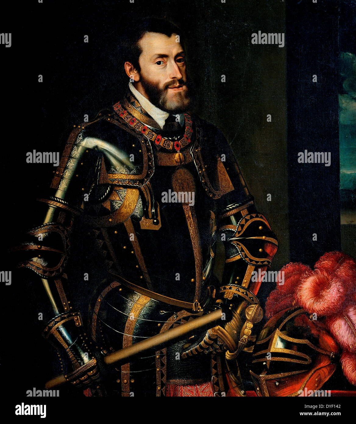 Painting of Charles V (Also known as Carlos I, Karel V, Karl V, Carlo V and Charles Quint). Born 24th February 1500, died 21st September 1558 in the Monastery of Yuste, Spain. Was ruler of the Holy Roman Empire from 1519 and the Spanish Empire (as Charles I) from 1516 until his voluntary retirement and abdication in 1556. His rule was then passed on to his younger brother Ferdinand I and his son Philip II. Oil on Canvas. Stock Photo