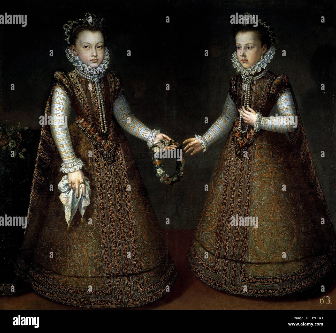 Painting by Alonso Sánchez Coello of the infants Isabella Clara Eugenia of Austria and Catherine Michelle of Spain. Both were the daughters of Philip II of Spain and Elisabeth of Valois, and were born in 1566, and 1567 respectively. Catherine, (known in Spanish as: Catalina Micaela de Austria) was the youngest surviving daughter of that royal coupling. Oil on Canvas. Stock Photo