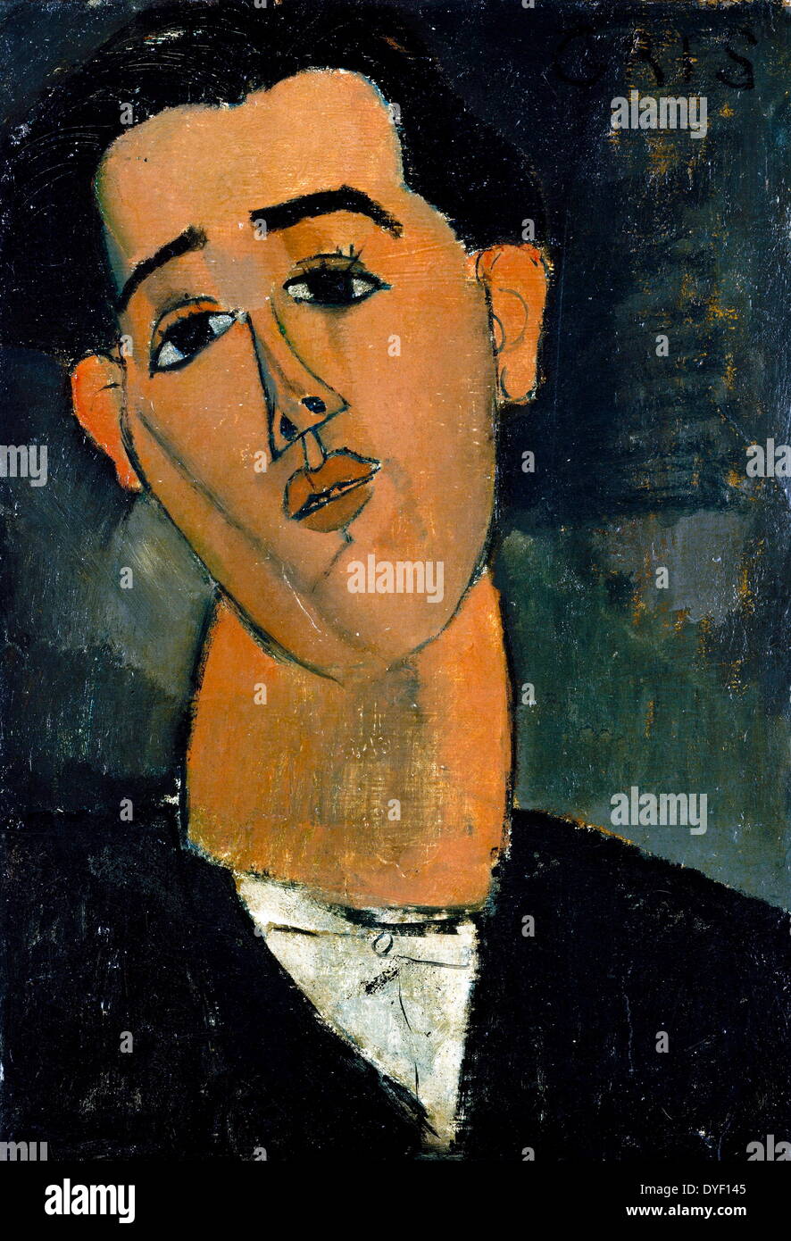 Portrait painting of José Victoriano González Pérez, (better known as Juan Gris) by Amedo Modigliani. Modigliani was alive from July 12th 1884 until Jan 24th 1920, and Juan Gris was born March 23rd, 1887 and died May 11th, 1927. Gris was a Spanish painter and sculptor who lived and worked in France most of his life. His works are closely connected to the emergence of Cubism, and are among the movement's most distinctive. Oil on Canvas, completed in 1915. Stock Photo