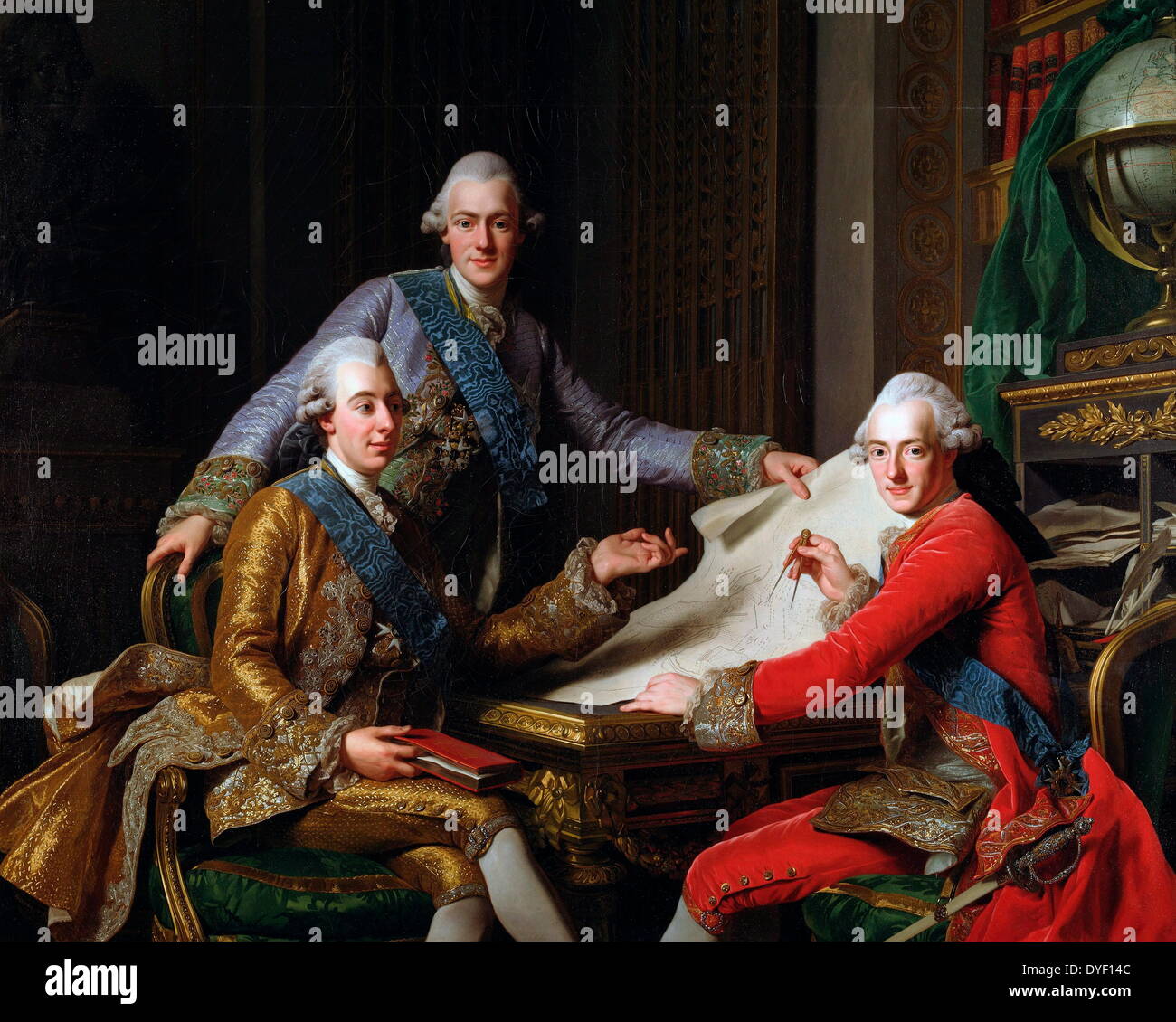 Painting by Alexander Roslin of Gustav III (left) and his two brothers, Prince Fredrik Adolf and Prince Charles, later Charles XIII of Sweden. Oil on Canvas. Circa late 18th century. Stock Photo