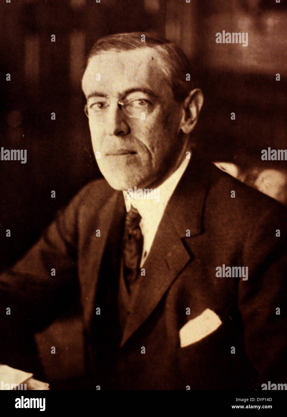 Photograph portrait of President Thomas Woodrow Wilson.  The 28th President of the United States, in office from 1913 to 1921, Lived between 1856 and 1924. Considered to have been able to push a legislative agenda that few Presidents have equaled. Stock Photo