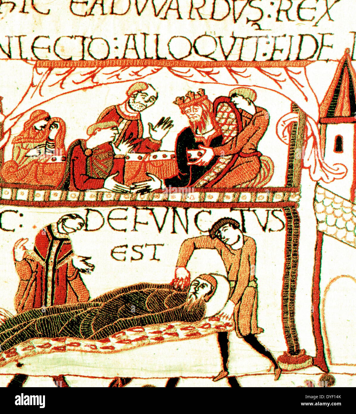 Detail from the Bayeux Tapestry depicting the events leading up to the Norman conquest of England. Specifically concerning William the Duke of Normandy and Harold, Earl of Wessex, and King of England. The events all lead up to the famous Battle of Hastings. It is not an actual tapestry, more an embroidered cloth that is almost 70 metres in length. It features fifty scenes with Latin tituli, or captions, and is thought to have been made in England in the 1070's. Stock Photo