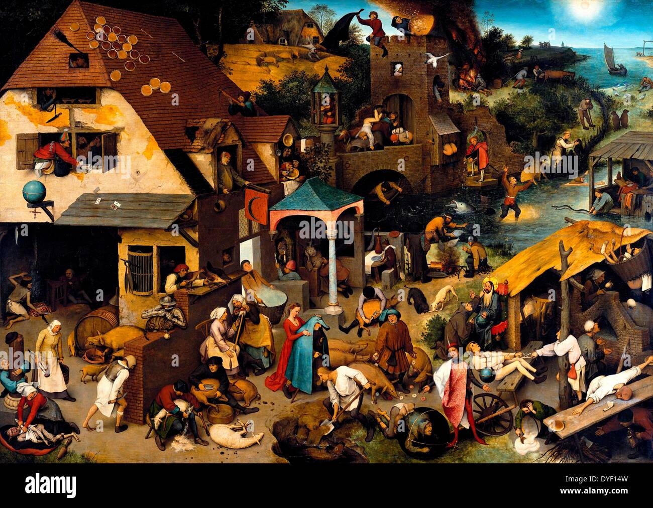 Netherlandish Proverbs is an oil-on-oak-panel painting by Pieter Bruegel the Elder which depicts a land populated with literal renditions of Dutch/Flemish proverbs of the day. From 1559. Stock Photo