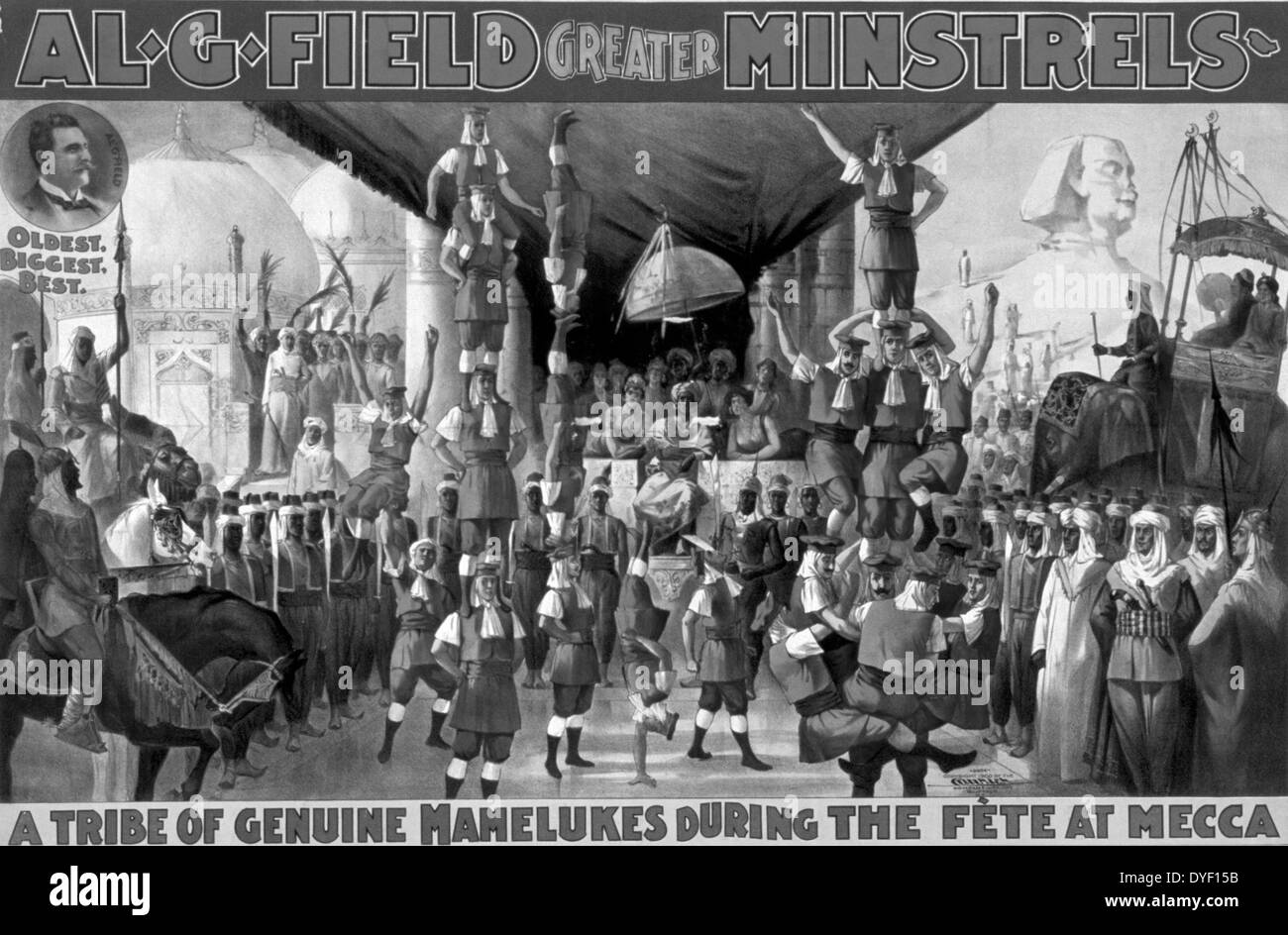 Vaudeville style painted poster advertising Al. G. Field's Greater Minstrels, described as 'A Tribe of Genuine Mamelukes during the fete at mecca'. The image shows them performing acrobatic balancing feats. Circa late 19th-Early 20th century. Stock Photo