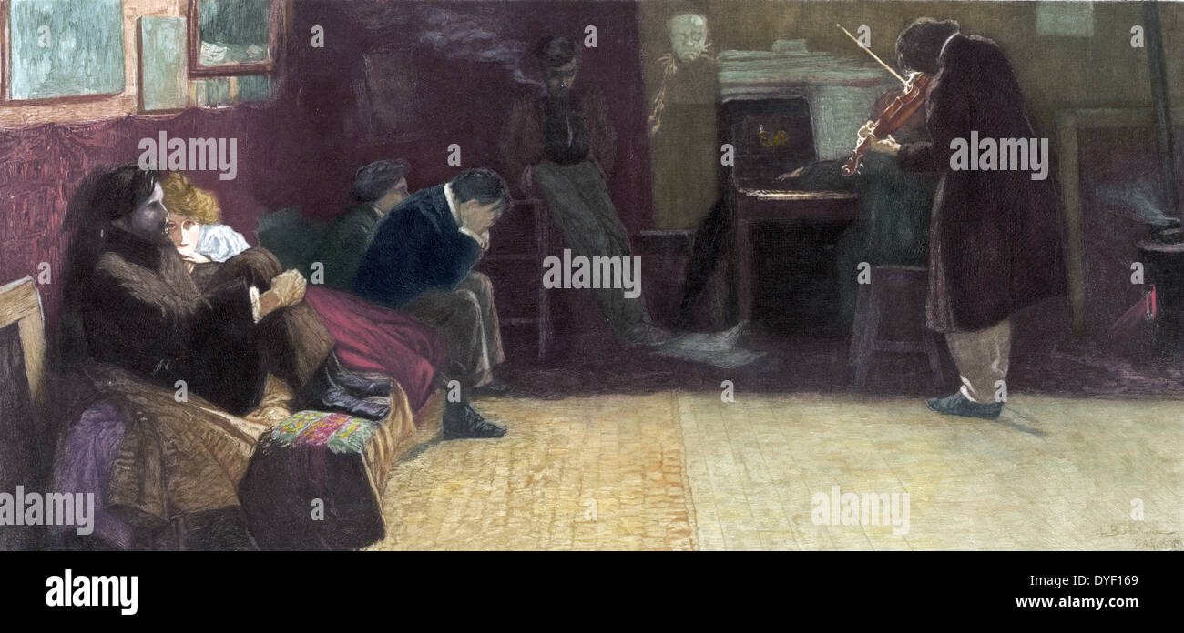 Ludwig van Beethoven 16 December 1770 – 26 March 1827; German composer and pianist. Beethoven by Lionello Balestrieri 1872-1958, Published c1912 Beethoven playing a violin to a small group of people. Stock Photo
