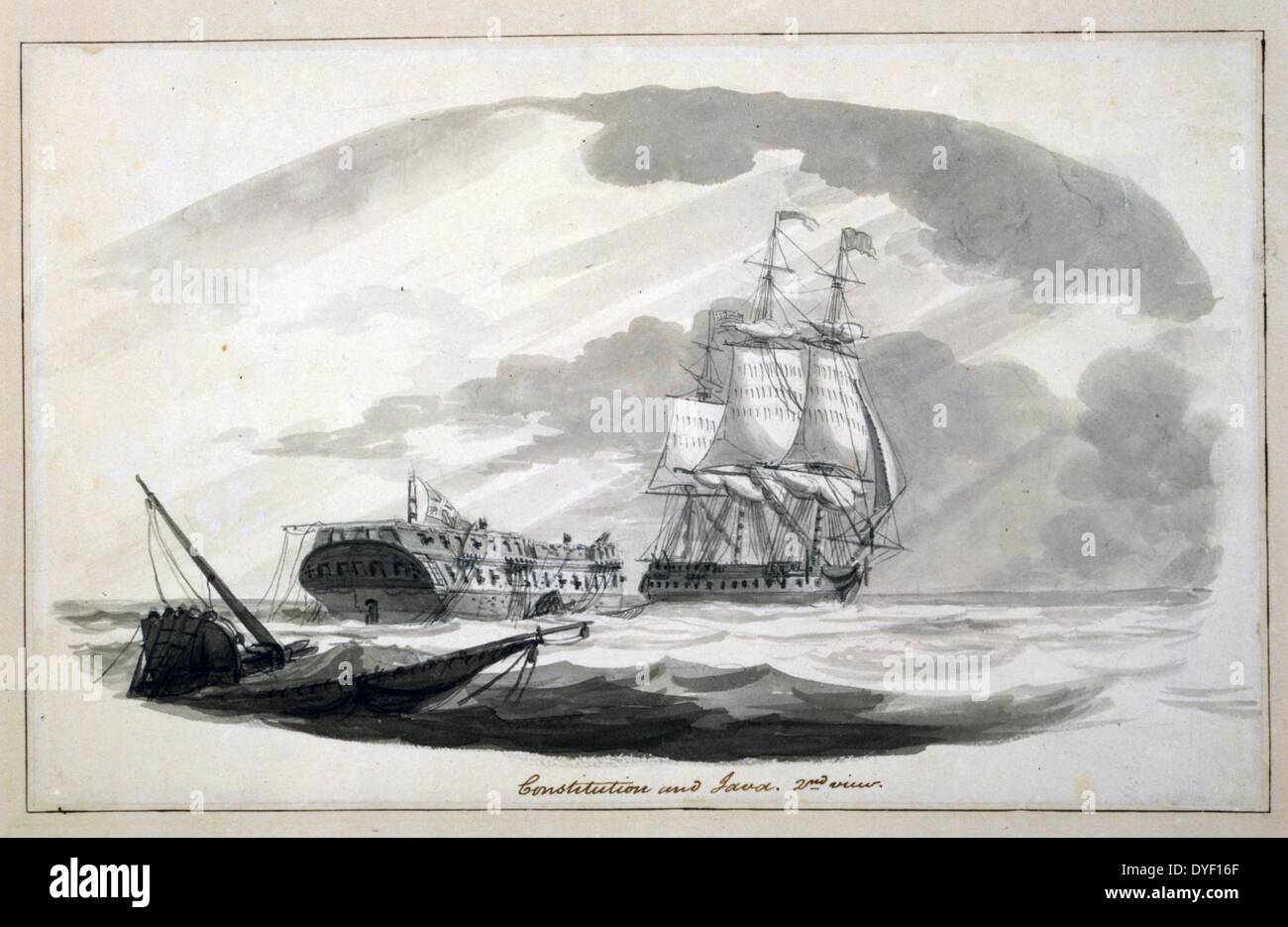 Constitution and Java, 2nd view by Thomas Birch, 1779-1851, artist Published: [ca. 1813]. Drawing shows the British frigate HMS Java, commanded by Captain Lambert after it lost in the clash with the USS Constitution, commanded by Commodore William Bainbridge, off the coast of Salvador, Brazil. Stock Photo