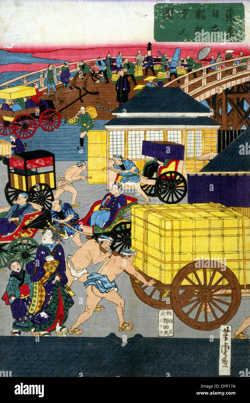 Tokyo Nihonbashi han ei no zu : Flourishing Nihonbashi section of Tokyo. By Yoshitora Utagawa, active 1850-1870, Japanese artist. Published 1861. Japanese triptych print shows various modes of transportation on street in Tokyo, Japan. Includes title page cover sheet with title and name of artist inscribed in ink brush. circa 1860 Stock Photo