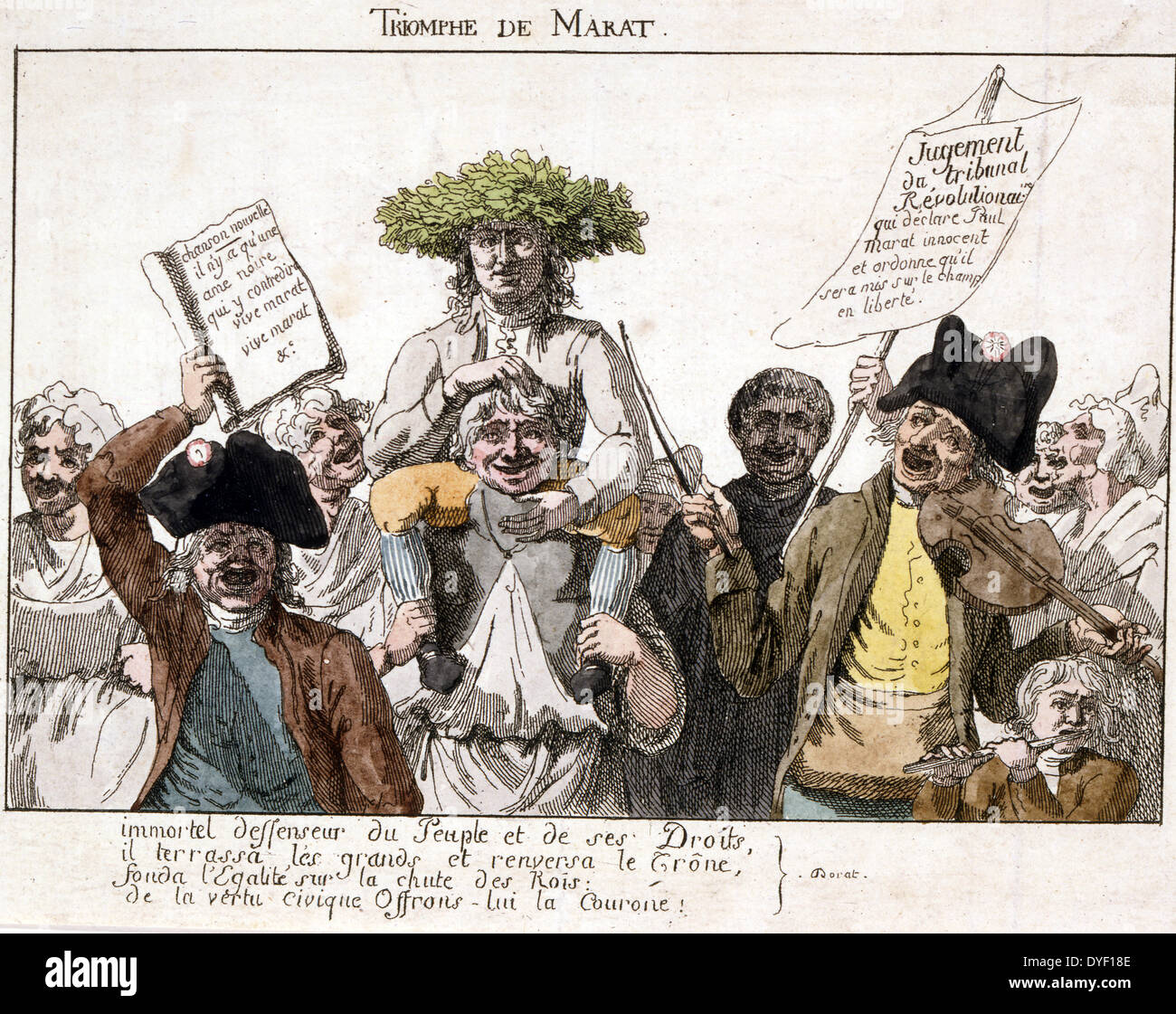 Triomphe de Marat : [1793] etching, with watercolour. Jean Paul Marat with crown of laurel leaves carried on shoulders of man around whom others are crowded; celebrating his acquittal by Revolutionary Tribunal. French political cartoon Stock Photo