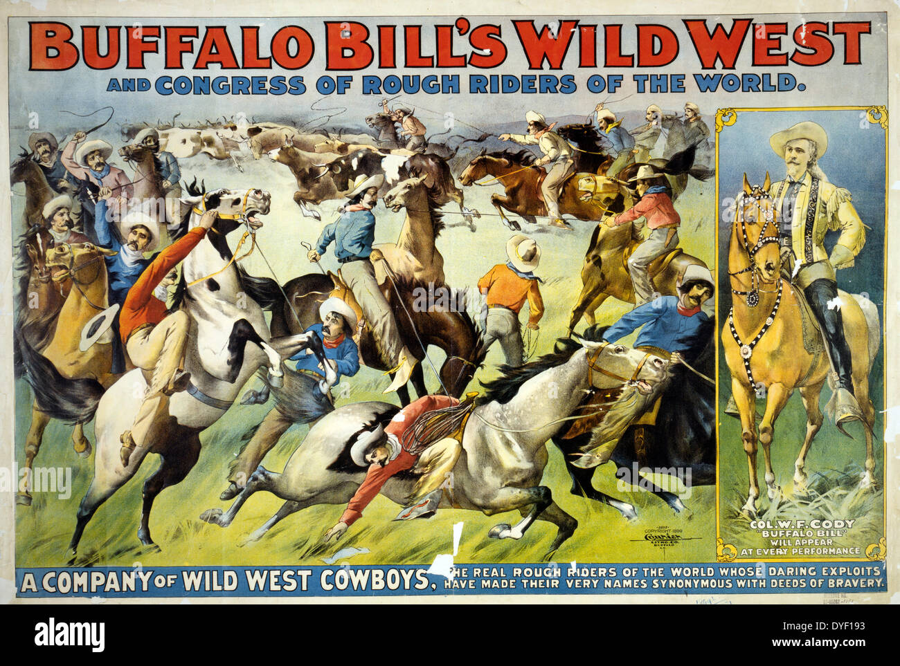 Buffalo Bill's wild west and congress of rough riders of the world 1899. Circus poster showing cowboys rounding up cattle and portrait of Col. W.F. Cody on horseback Stock Photo