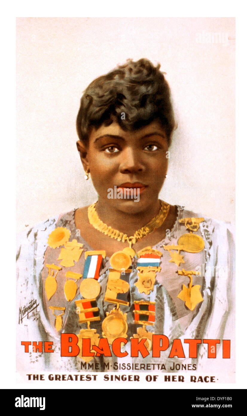 Portrait of Matilda Sissieretta Joyner Jones, known as Sissieretta Jones on a poster advertisement. Sissieretta lived between January 5th 1868 – June 24th, 1933 and was an African-American soprano. She was sometimes referred to as 'The Black Patti', referencing the Italian opera singer Adelina Patti. Stock Photo
