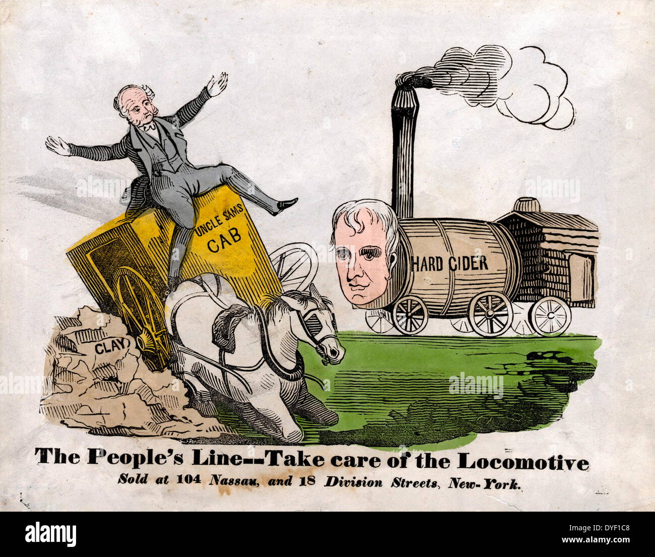 The People's Line, a political poster image from 1840 satirising Incumbent President Martin Van Buren, Whig presidential candidate William Henry Harrison, and Henry Clay. The people's line--Take care of the locomotive. Print made from woodcut and letterpress with watercolour, on wove paper. Stock Photo