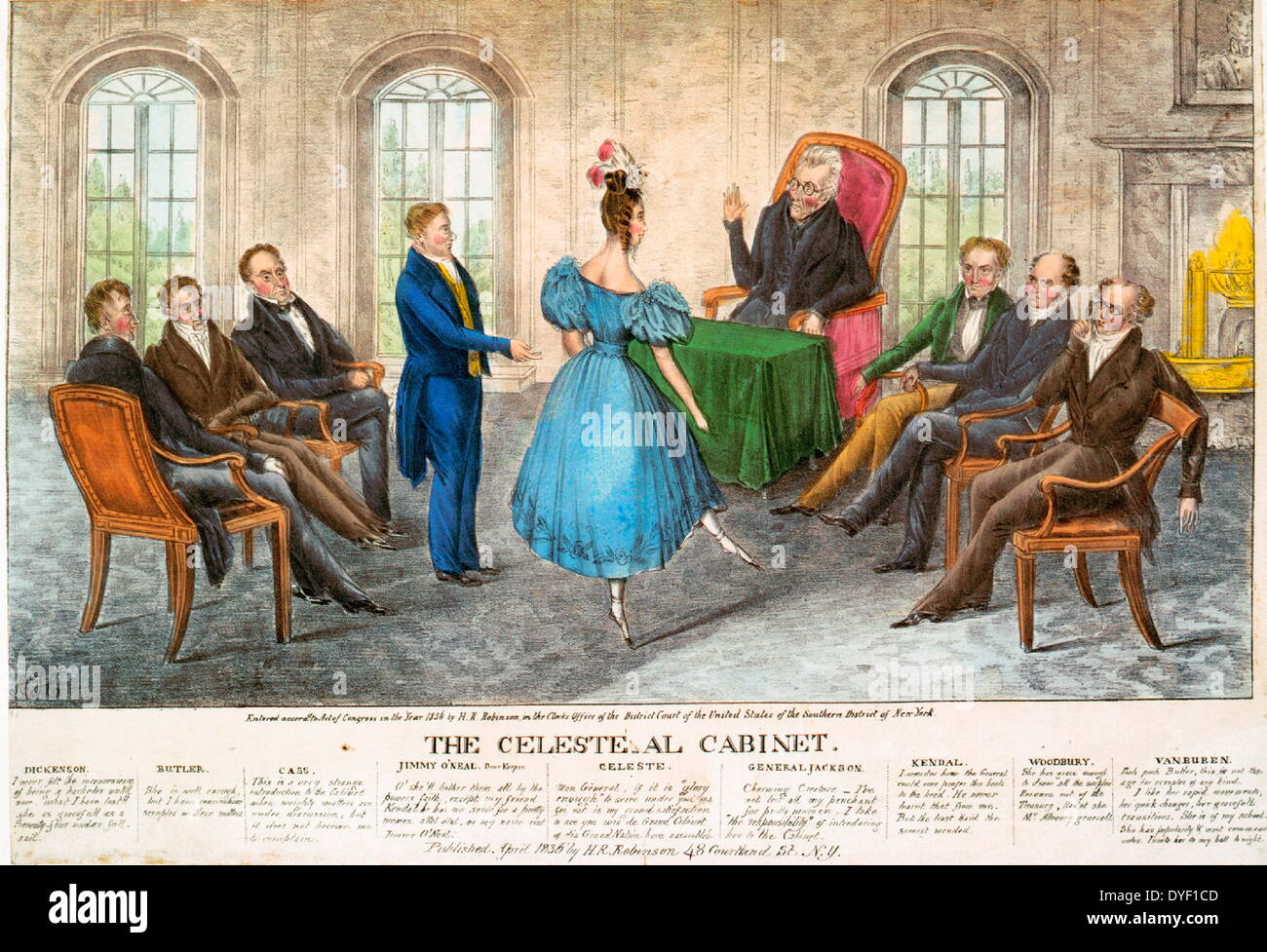 The celeste-al cabinet. A mildly satirical image on Former US President Jackson and his Cabinet: (Secretary of the Navy Mahlon Dickerson, Attorney General Benjamin F. Butler, Secretary of War Lewis Cass, Postmaster General Amos Kendall, Treasury Secretary Levi Woodbury, and Vice-President Martin Van Buren.) With French dancer Madame Celeste being presented to them by Jimmy O'Neal. Accompanying the image is text supposing what each member is thinking. Circa 1850. Stock Photo