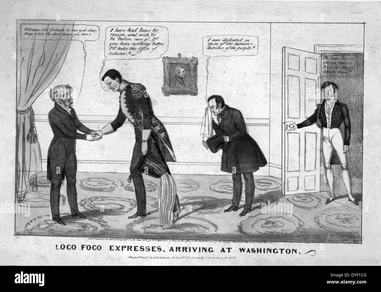 Political cartoon 'Loco Foco expresses, arriving at Washington'. Circa 1838. Lithograph with watercolour on wove paper. This image satirises the meeting of President Van Buren and two of his defeated allies William L. Marcy and Churchill C. Cambreleng. Stock Photo
