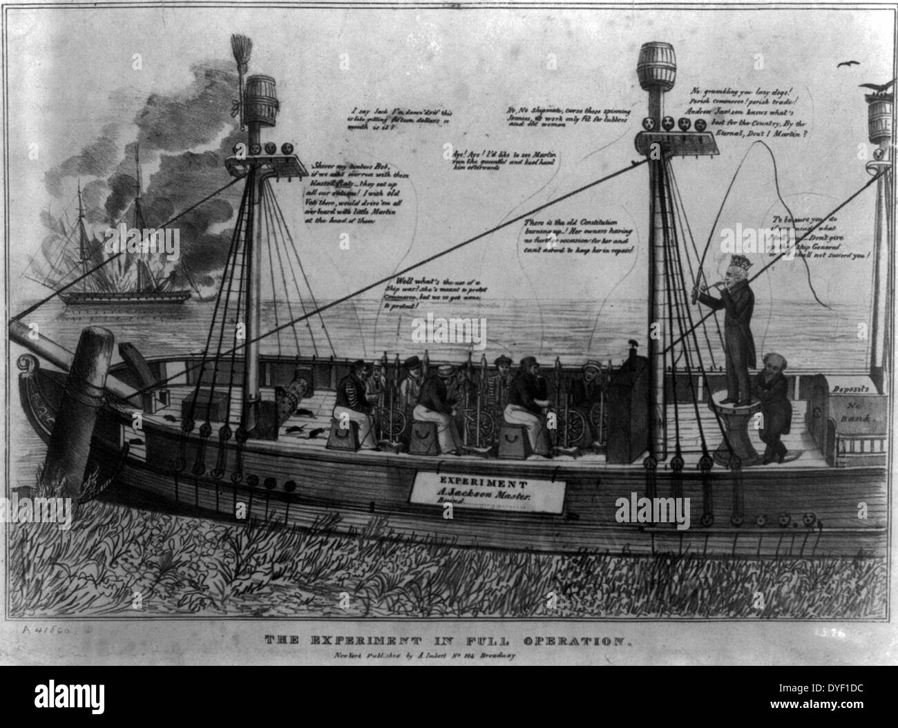 The experiment in full operation. Political cartoon satirising President Jackson's federal treasury policy and Vice-President Van Buren's influence on the fiscal program of the administration. The cartoon takes a very anti-Jackson standpoint and imagines him as slave master of a ship that is destined to sink. Lithograph print on wove paper. Circa 1833. Stock Photo