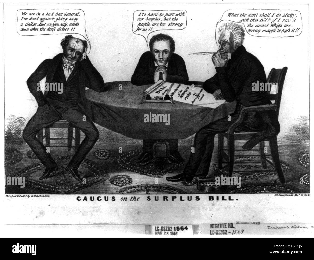 Caucus on the Surplus Bill, political cartoon satirising Andrew Jackson's reluctant endorsement of the Distribution Act, or 'Surplus Bill'. Jackson sits at a table with vice President Van Buren and his running mate discussing their predicament. Created by H.R. Robinson in 1836. Stock Photo