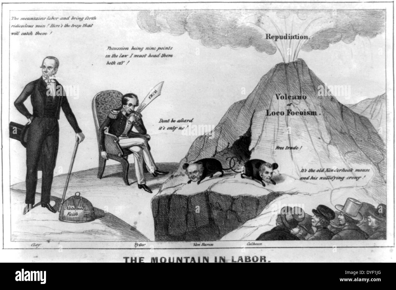 The mountain in labor political cartoon by Henry R. Robinson, circa 1843. Lithographic print. Satirising the democrats of the time, and specifically Martin Van Buren and John C. Calhoun. Stock Photo