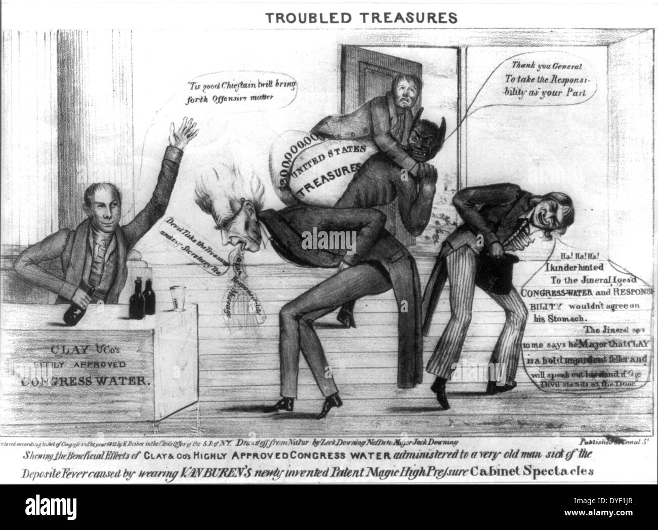 Troubled treasures by R. Bisbee, circa 1833. Political cartoon expressing anti-Jackson views and supporting Henry Clay's part in Congressional resistance to his plans involving treasury money. Stock Photo
