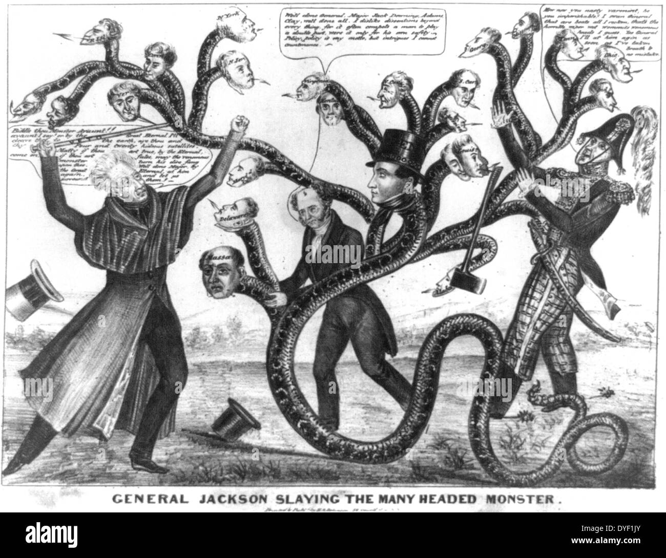 General Jackson slaying the many headed monster a political cartoon by Henry R. Robinson circa 1836. Lithograph print on wove paper. Satirising Andrew Jackson's campaign to destroy the Bank of the U.S. and its state bank support. Showing Jackson, VP Van Buren and Jack Downing fighting a many headed snake. Stock Photo