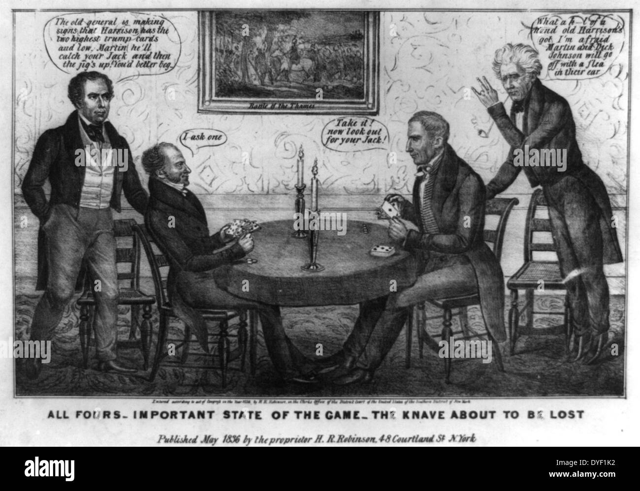 All fours-important state of the game-the knave about to be lost by H.R. Robinson, 1836. Lithograph print on wove paper. Political cartoon satirising the presidential campaign of 1836. Shown here as a card game between Democrat Martin Van Buren and Whig William Henry Harrison. The cartoon supports the Whigs. Stock Photo