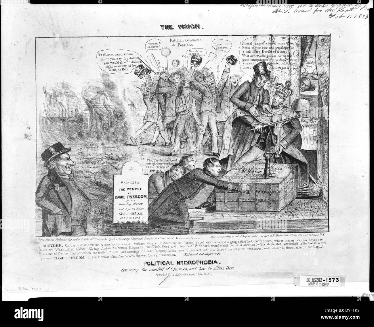 The vision. Political hydrophobia, shewing the comfort of crowns, and how to obtain them by Ezra Bizbee, 1834. Lithograph print on wove paper. A political cartoon satirising Jackson's veto of the re-charter of the US Bank. Attacking Jackson and Van Buren as the bethroned destroyers of liberty. The cartoon also puts across an anti-Irish immigrant message, portraying them as unruly yobs who rally to Jackson's whims. Stock Photo