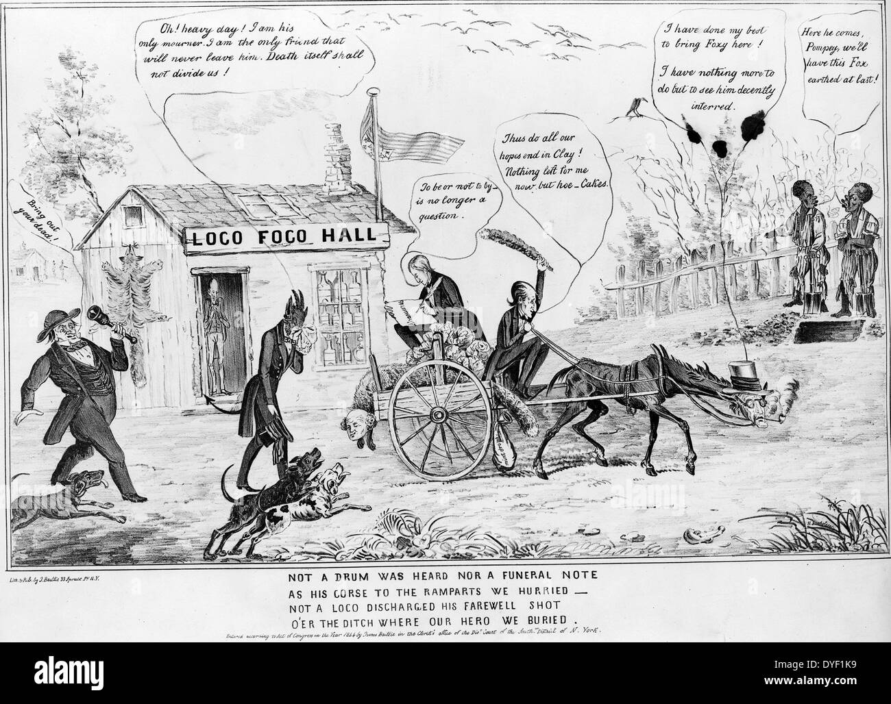 Not a drum was heard nor a funeral note... by H Bucholzer and James S. Baillie circa 1844. Lithograph print on wove paper. Political cartoon illustrating the change in support from the Democrats for presidential hopeful Martin Van Buren. In this cartoon Van Buren is portrayed as a dead fox  pulled on a cart by Andrew Jackson (as a scrawny nag). Just behind the cart walks a devil, speaking through sobs, 'Oh! heavy day! I am his only mourner. I am the only friend that will never leave him. Death itself shall not divide us!' Stock Photo