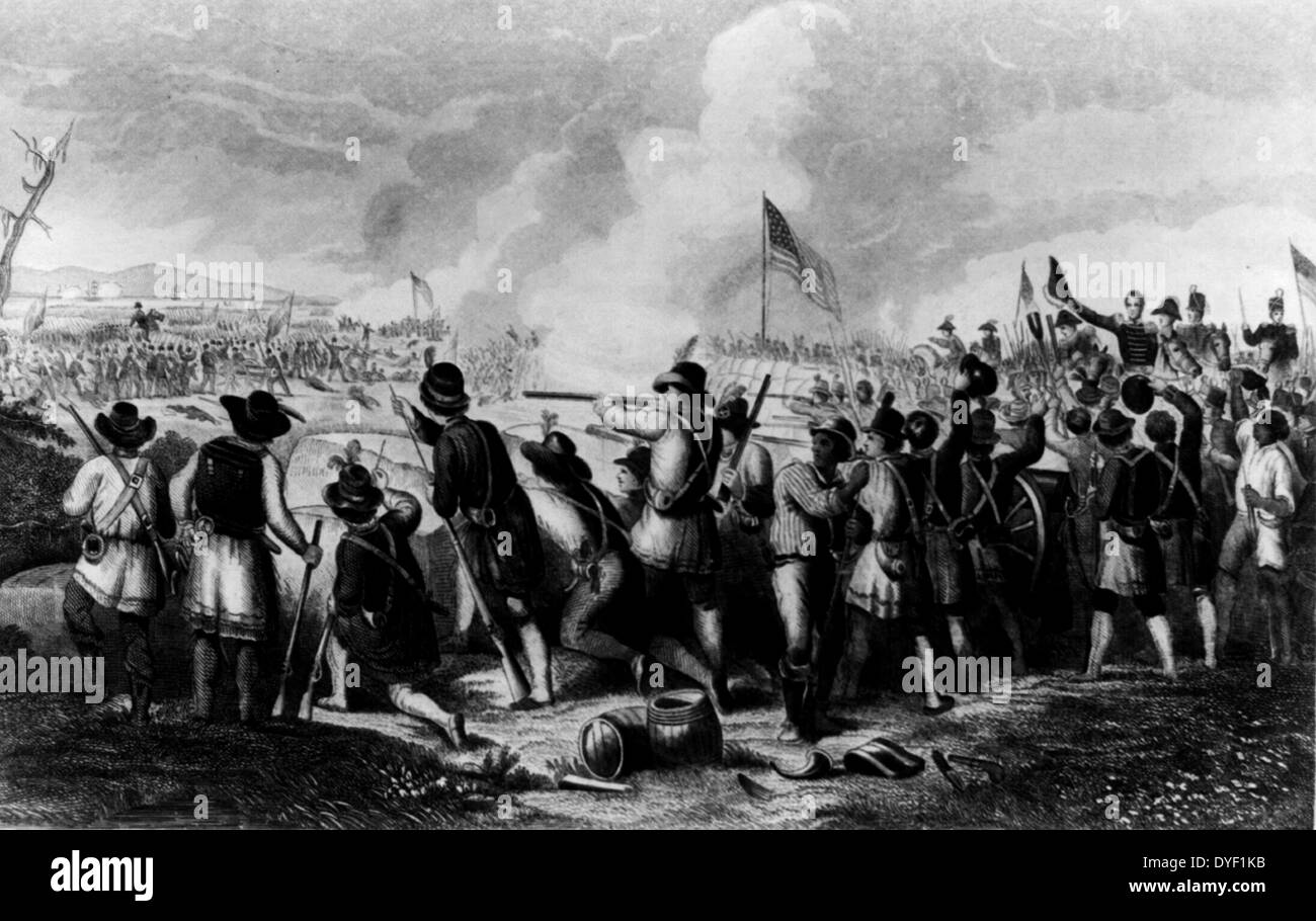 The Battle of New Orleans January 8th 1815 by Oliver Pelton & Hammatt Billings. Circa late 19th century. Print showing General Andrew Jackson and US soldiers along with African Americans firing on advancing British forces at the Battle of New Orleans. Stock Photo