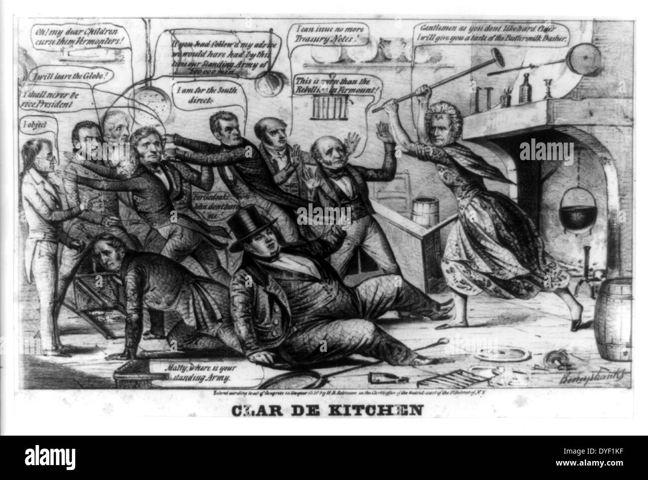 Clar de kitchen by Napoleon Sarony & Henry R. Robinson, circa 1840. Lithograph print on wove paper. Political cartoon satirising the Whig campaign of the time. Whig candidate William Henry Harrison is shown as a scullery maid attacking Democrat Van Buren and his advisers with a buttermilk dasher. Stock Photo