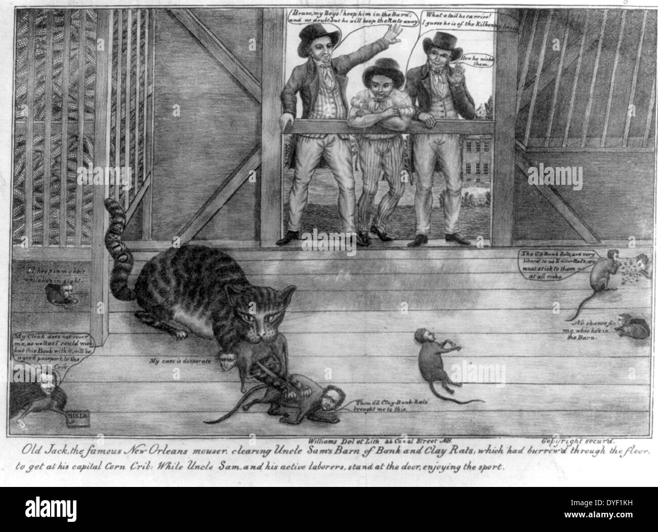 Old Jack, the famous New Orleans mouser, clearing Uncle Sam's barn of bank and Clay rats by Michael Williams, circa 1832. Lithograph print on wove paper. Pro-Jackson political cartoon focusing on his campaign to destroy the political power and influence of the Bank of the United States. Henry Clay and his compatriots are shown as rats trying to get at the corn. Stock Photo