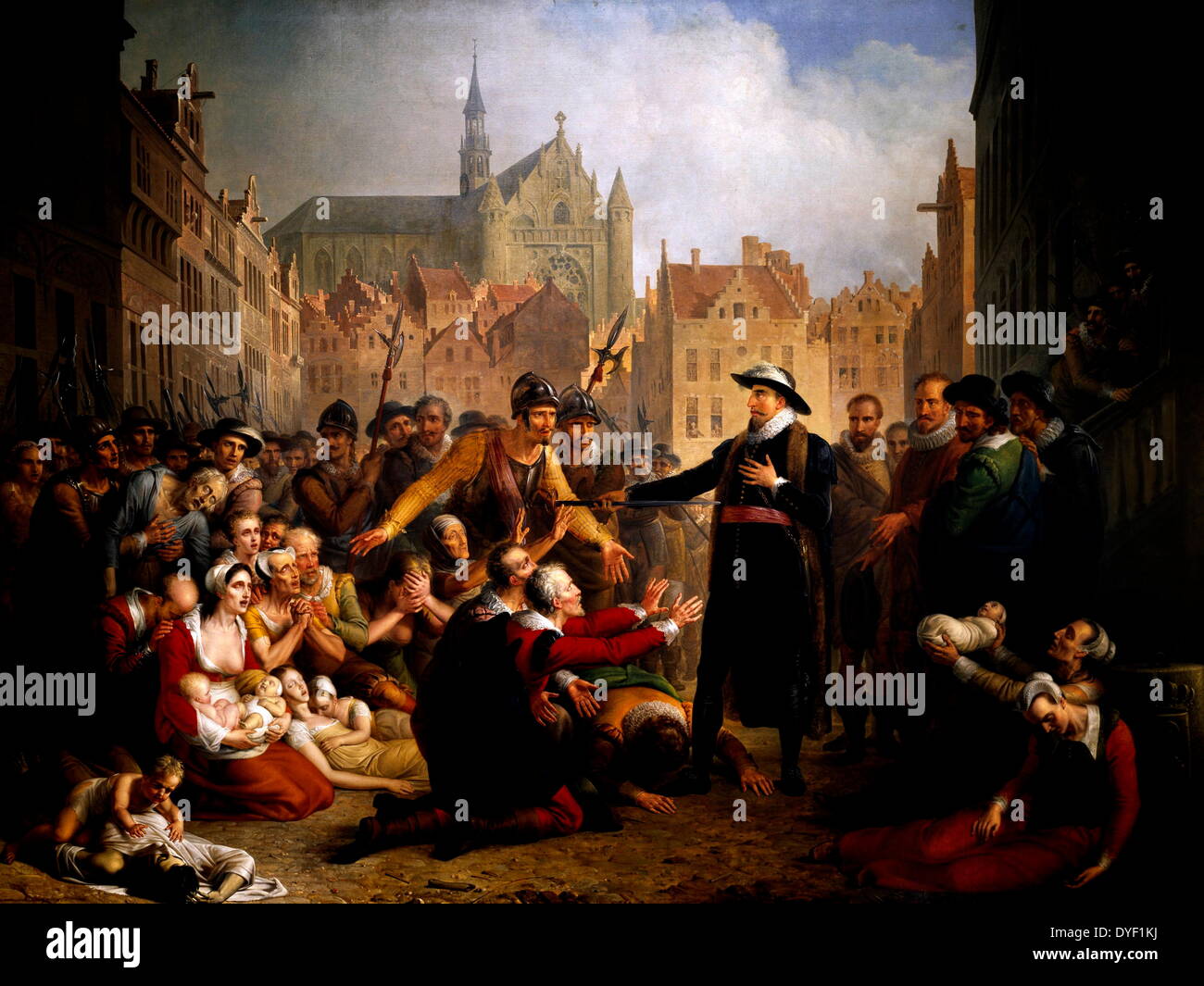 Mayor Pieter Adriaensz by Mattheus Ignatius van Bree. Political painting showing Van der Werf offering his sword to the suffering Leiden people. Asking them, symbolically to kill and eat him, rather than surrender to the Spanish. Oil on canvas circa 1816-1817 . Stock Photo