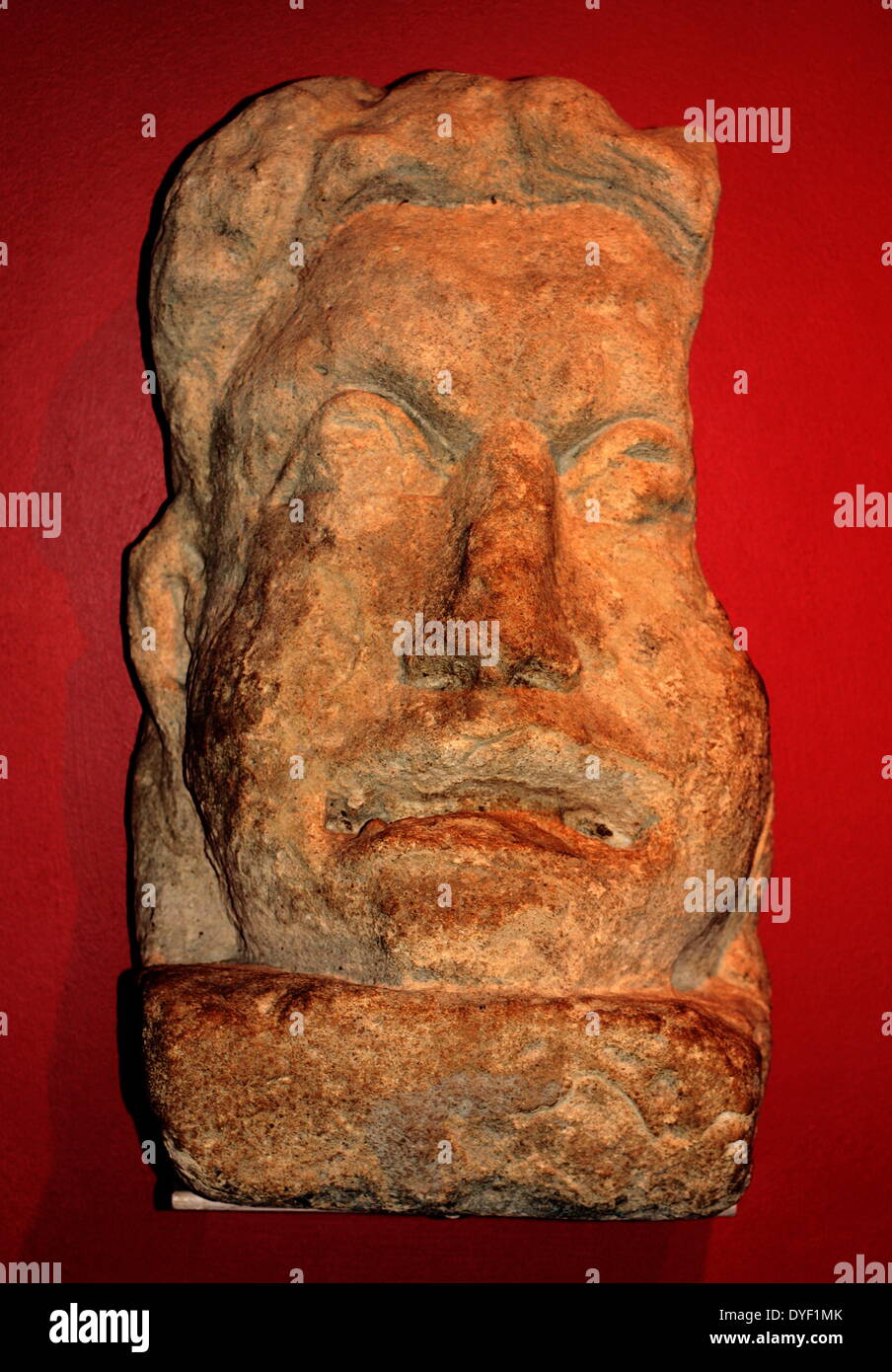 Roman theatrical mask. Sculpture in local bath stone, most likely from a large tomb. The deceased may have had a connection with theatre. 1st - 3rd century AD. Stock Photo