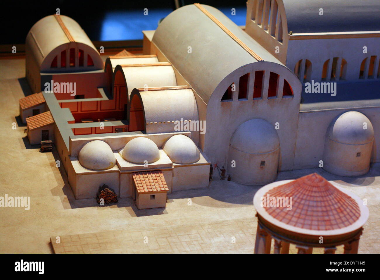Model reconstruction of the 4th century Sulis Minerva baths, temple and spring. During this time the courtyards and bathing halls were huge and bustling with people. There was space for hundreds of people and the buildings were colourful and decorative. Roman. Stock Photo
