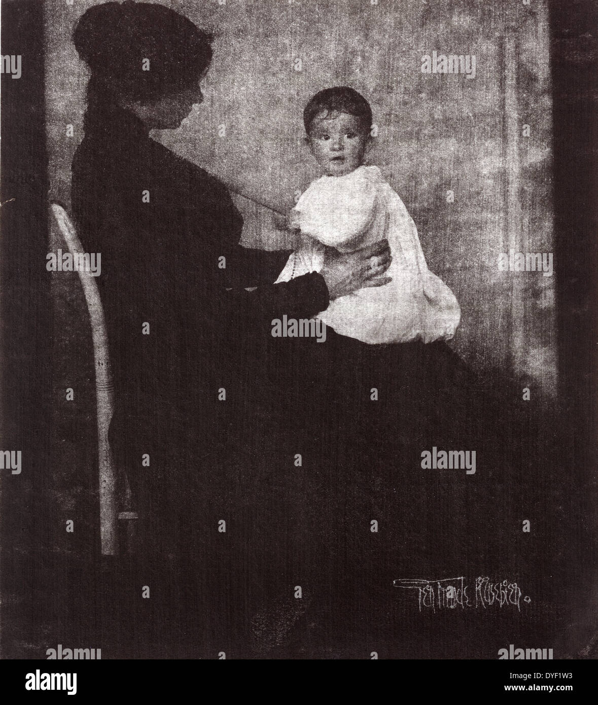 Mother and child By Gertrude Käsebier, 1852-1934, photographer [ca. 1903] Portrait of Mrs. Ward holding a baby while seated in a chair. Stock Photo